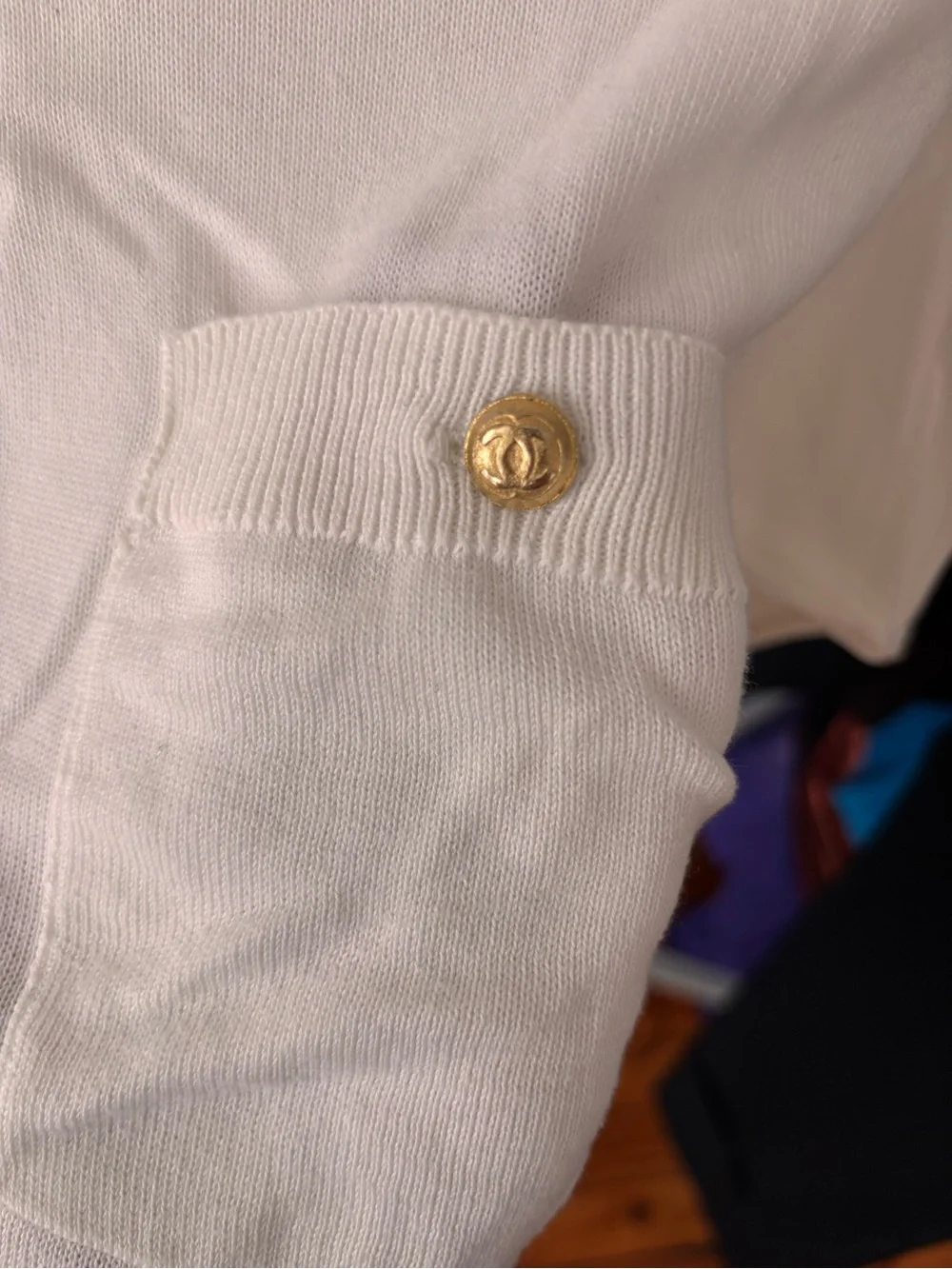 CHANEL Ivory Short-Sleeve Knit Top with Pocket Accent vintage